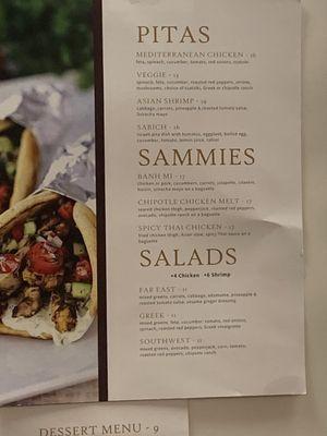 Pitas, Sammies, Salads menu