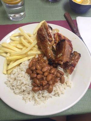 FRANGO ASSADO / BBQ CHICKEN and ribs with ARROZ / RICE and fries