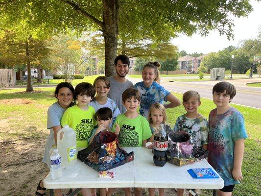 Team competition for exploding volcano during summer camp had to build volcano with paper mache. New concept for many.