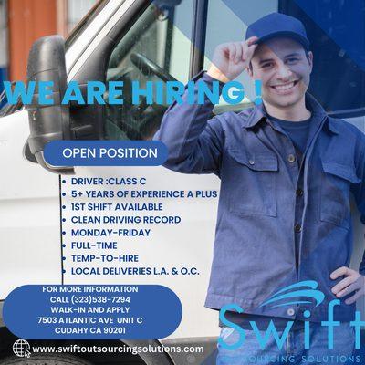 CALLING ALL DRIVERS!! #NOWHIRING #SOS #SWIFOUTSOURCINGSOLUTIONS #DRIVERS #DELIVERYDRIVERS #STAFFINGAGENCY #FYP #EXPERIENCENEEDED #CLASSC