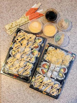 Two, 3-for specials.  4 spicy salmon and avocado rolls, spicy, crunchy scallop roll and spicy crab and avocado roll.  Delish