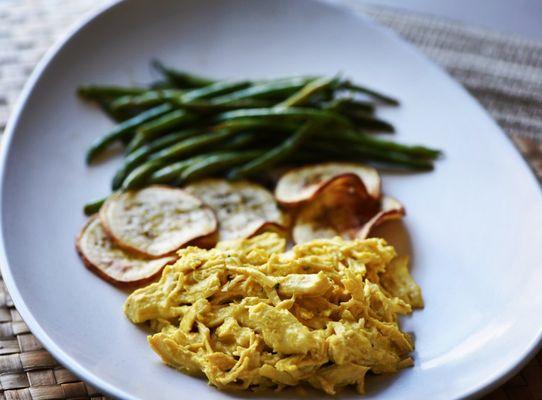 Aji de Gallina (Shredded Chicken in Yellow Pepper Sauce) with Roasted Sweet Potato Chips and Long Beans