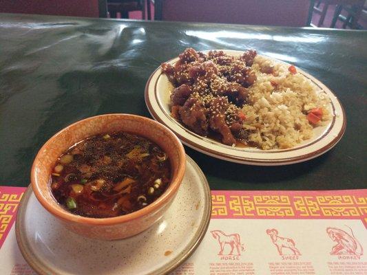 Hot and sour soup and sesame chicken with fried rice combination.  $6.25