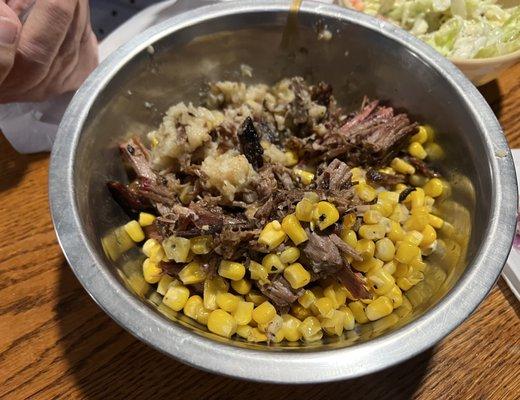 Mashed potato brisket bowl without onion strings. So good. Great amount.