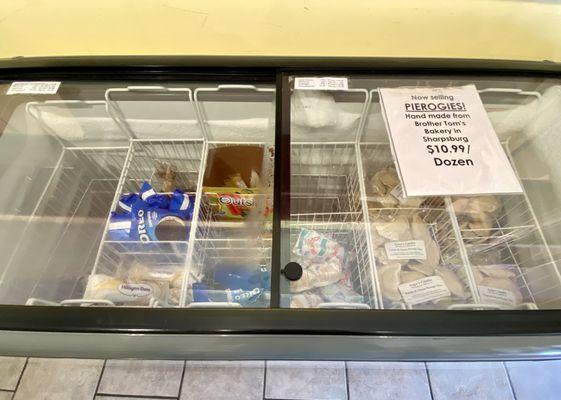 Freezer of packaged ice creams and pierogies