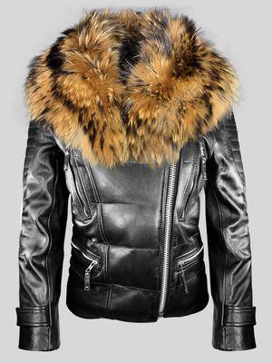 WOMEN'S QUILTED BLACK MOTORCYCLE BIKER JACKET WITH DETACHABLE BLACK FOX FUR COLLAR