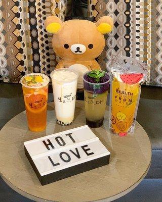 Super mix fruit tea, jasmine milk tea with boba, paradise lime with boba, and passionfruit organic green tea.