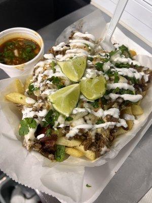 Loaded Birria Fries with side of consome