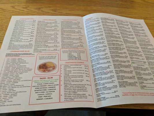 This is the inside of the take out menu.