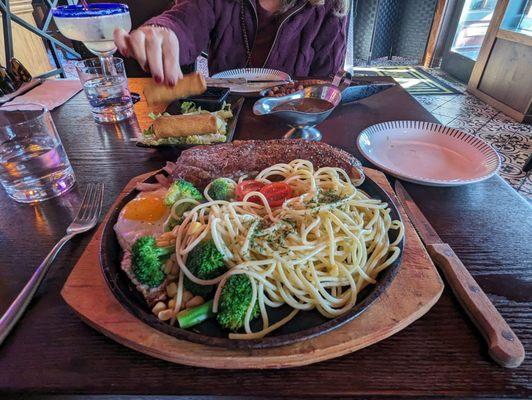 NY Strip and spaghetti