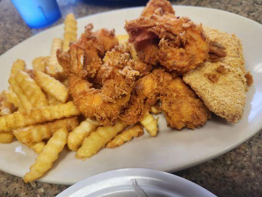 1 piece catfish with 6 shrimp and fries