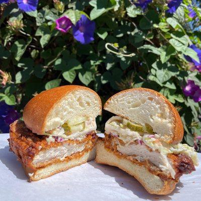 Fried Chicken Sandwich: Fried chicken, apple slaw, pickles, chipotle mayo, brioche bun