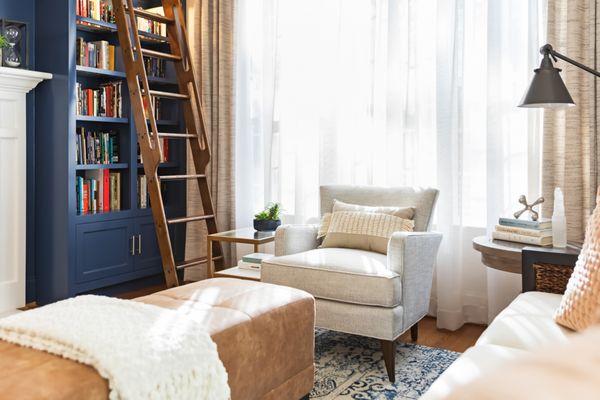 Home library with a rolling ladder