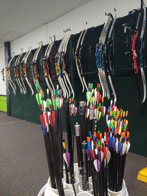 Wide variety of bows and arrows.