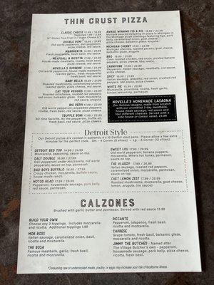 Pizza menu