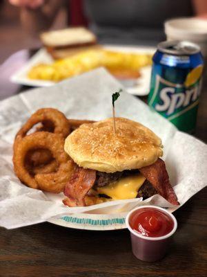 Double bacon cheeseburger with onion rings and a soda for only $7.50 on Sunday's.