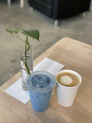 Smoked maple latte (seasonal) Blue matcha latte