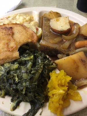 Roast beef, squash casserole, turnip greens and fried cornbread.