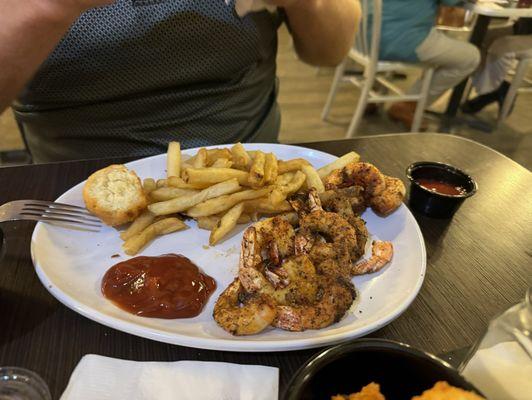 Diablo shrimp, fries, hush puppies, and off camera the creamy cole slaw