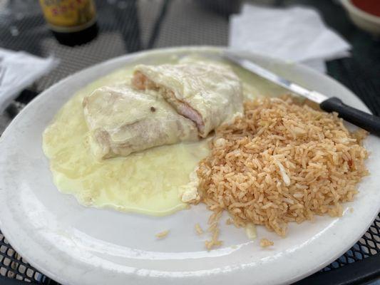 Off Menu Item - Shrimp Burrito with Sour Cream Sauce & Monterey Cheese with Rice.