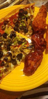 Veggie pizza, half no cheese, Bone in wings