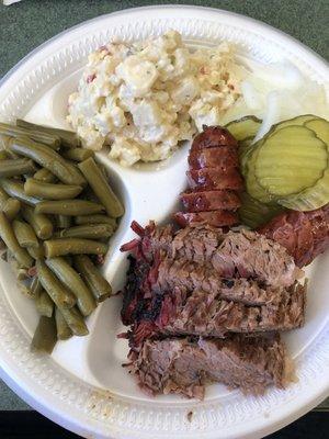 Two Meat Plate with Brisket, Sausage, green beans & potato salad.