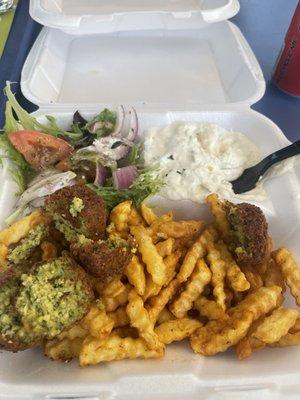 Falafel bowl with salad, tzatziki sauce and fries-love this place! Authentic Greek fool, clean, outside seating.