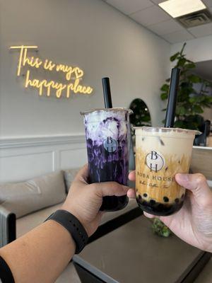 Large Ube w/ Tapioca and Salted Cheese Foam + Small Brown Sugar Milk Tea w/ Tapioca