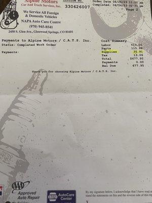 Supplies cost $36 when there were none supplied! Separate charge for spark plugs, which was only part "supplied"