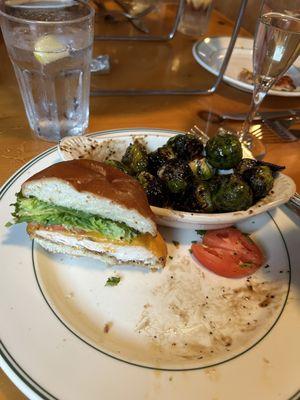 Chicken sandwich and brussel sprouts