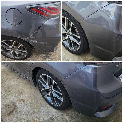 Before and After damage to the rear bumper and quarter panel