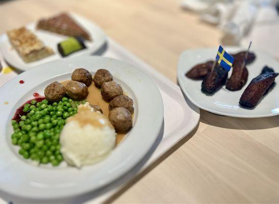 Swedish meatball meal plate, dessert trio, sweet plantains