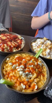 buffalo chicken mac, bbq pulled pork mac, chicken bacon ranch mac