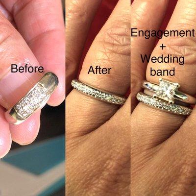 Original wedding band pic on the left with my newly designed band plus engagement ring on the right. So happy!