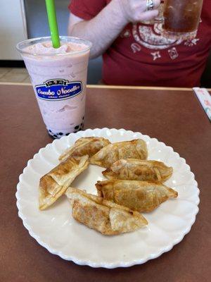 Red bean boba smoothie and pork dumplings.