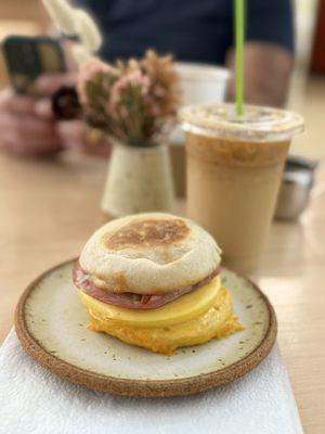 Iced Americano and breakfast sandwich.