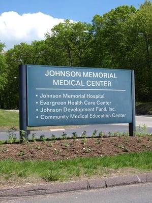 Sign at entrance to Johnson Memorial medical Center on Rt 190 (Chestnut Hill Rd) in Stafford Ct