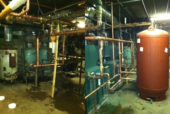 New domestic hot water system, three boilers and two storage tanks, accommodating a 200 person healthcare facility.