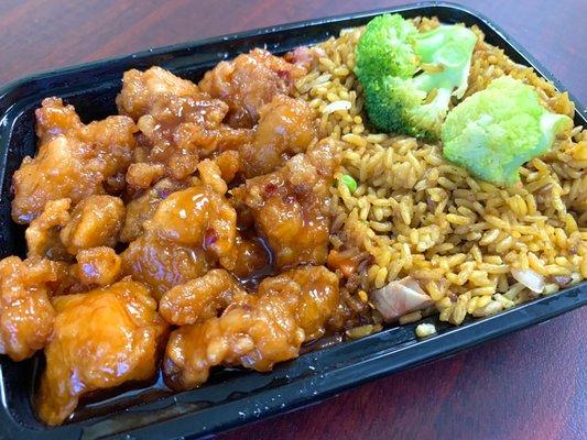 Orange chicken with fried rice on the lunch specials