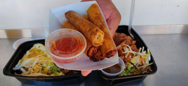 Lechon Kawali (right), lumpia (middle), pork and chicken tacos (left)