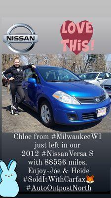 Chloe from #MilwaukeeWI just left in our 2012 #NissanVersa S with 88556 miles. Enjoy-Joe & Heide
#SoldItWithCarfax
#AutoOutpostNorth