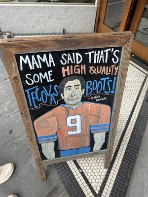 The Waterboy themed Tecovas store sign.