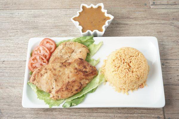 GRILLED CHICKEN BREAST
Yellow Rice and Green Salad / French Fries or  Green Plantain