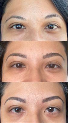 Top: Natural brows, Middle: Healed brows after 1st session, Bottom: Healed brows after 3 month touch up