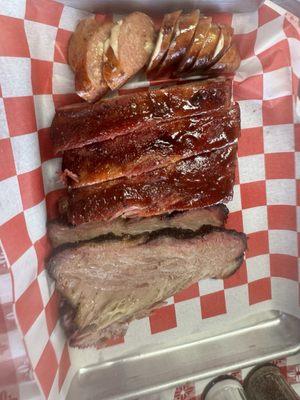 Three meat: brisket, sausage, ribs