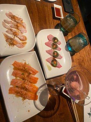 Torched toro, amber Jack and yellowtail appetizers. So fresh and delicious.