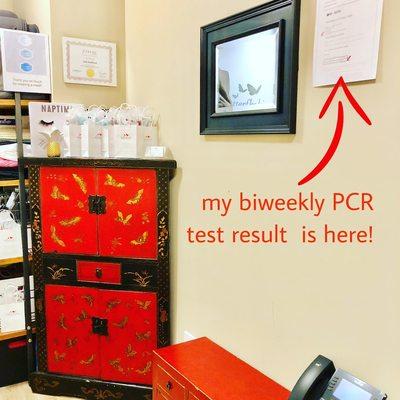 Stylist biweekly PCR test result is posted on the wall of studio. We take it very serious.