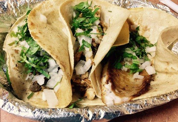 Tacos- Carne Asada $2.25, Pollo $1.99, Tilapia Fish $2.49