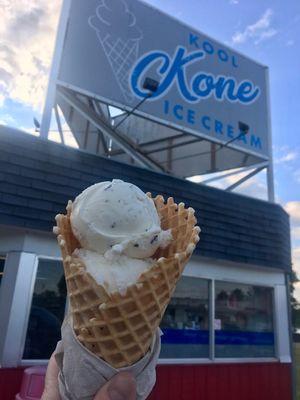 Almond Joy ice cream in a waffle cone - Kool Kone