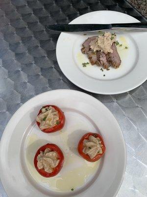 Tuna-stuffed peppers and seared pork with tonnato